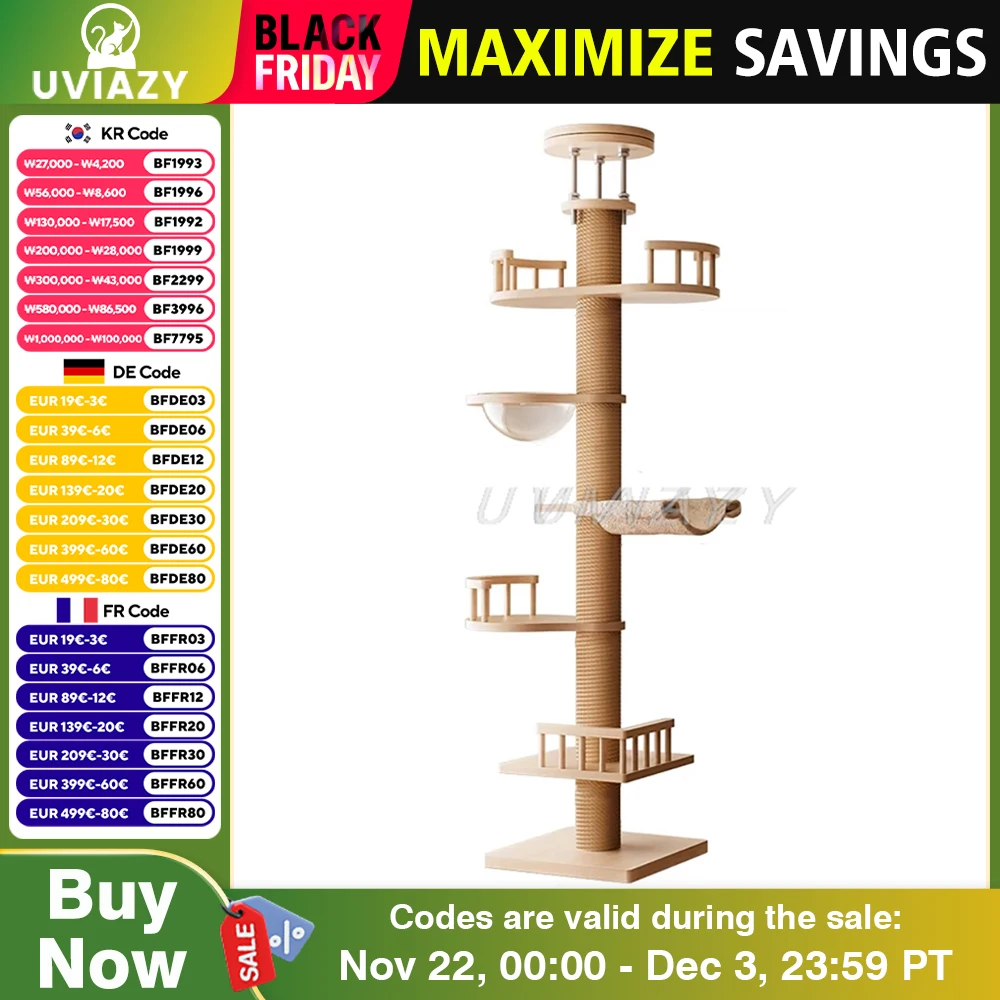 Adjustable Climbing Cat Tree House Tower Toys Floor to Ceiling Multi-Level Condo With Scratching Post Hammock Pet Cat Shelf