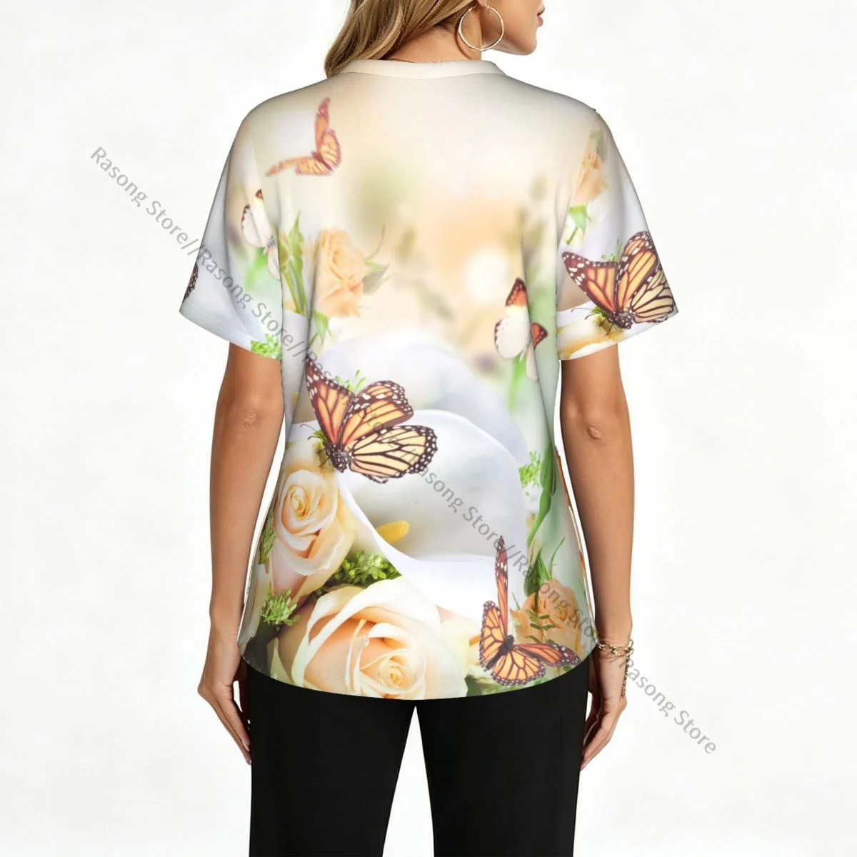 Roses And Calla Lilies Butterfly Bouquet Scrubs tops medical uniforms women V Neck Stretch Scrub Shirt Dentist doctor Blouse