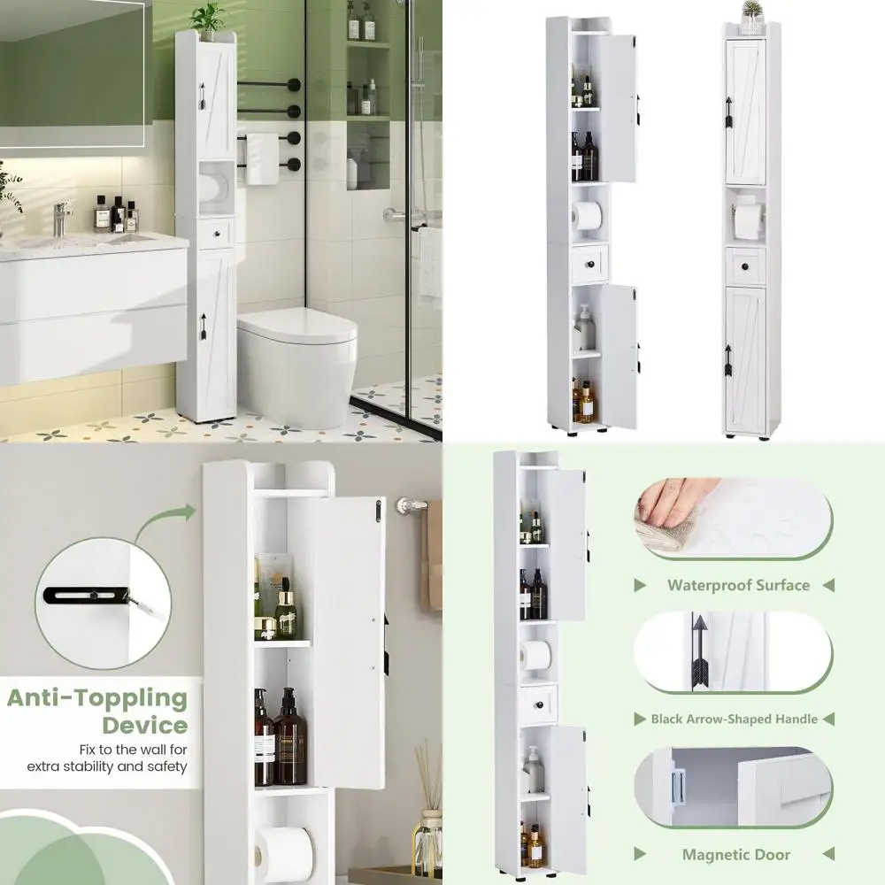

Space-Saving Tall Bathroom Storage Cabinet with Adjustable Shelves, Toilet Paper Holder, and Magnetic Doors, White