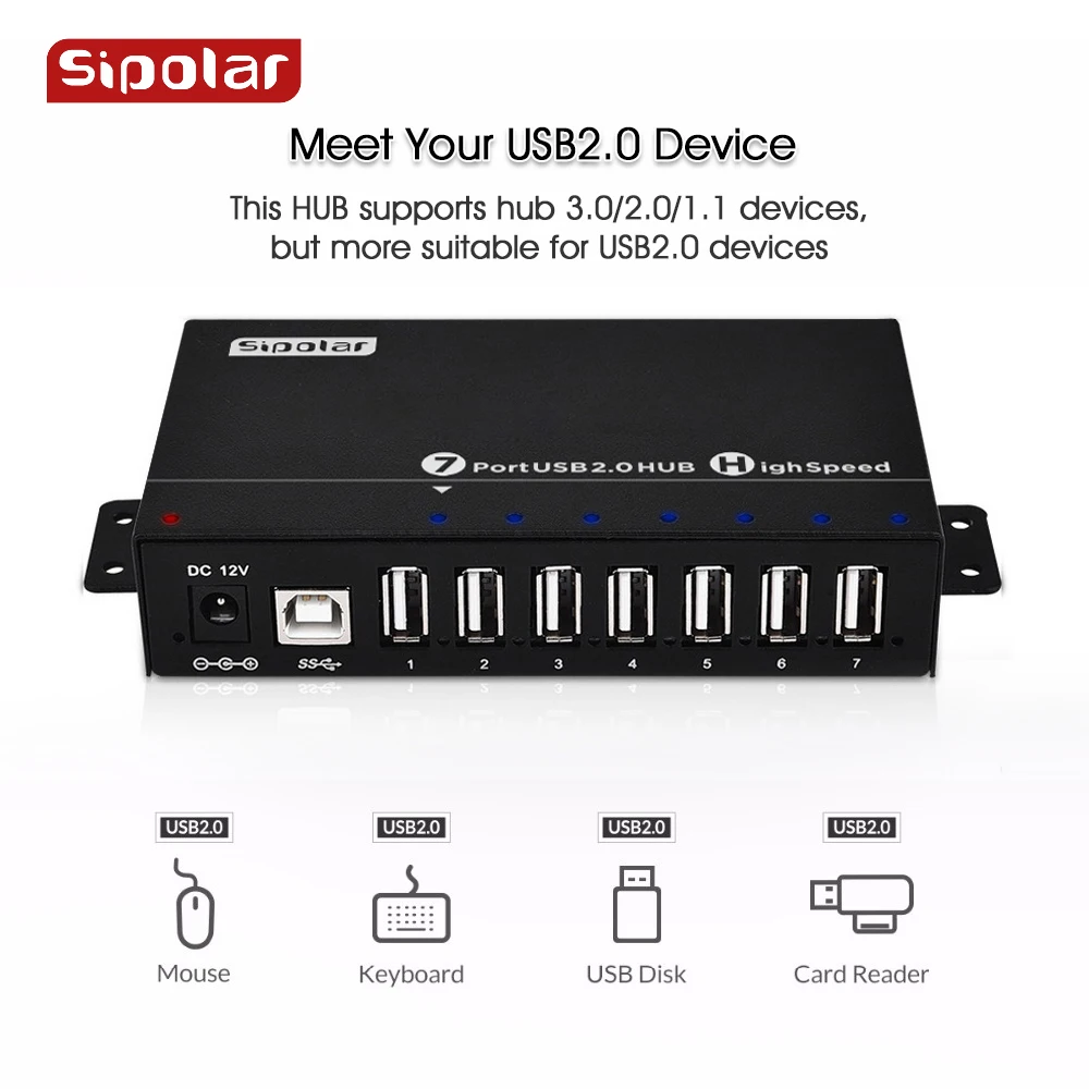 Sipolar A-172 New USB 2.0 HUB design With 36W 12V3A Power Adapter Aluminum 7 Port USB charger port hub Black