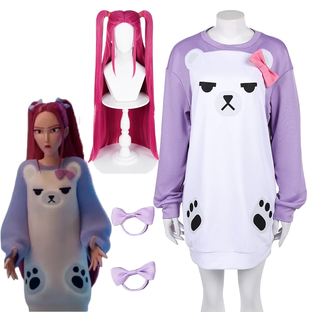 

Охотник на демонов KPop Mira, фиолетовая пижама для косплея, женские головные уборы, пижама с белым медведем, одежда для сна, карнавальная одежда на Хэллоуин
