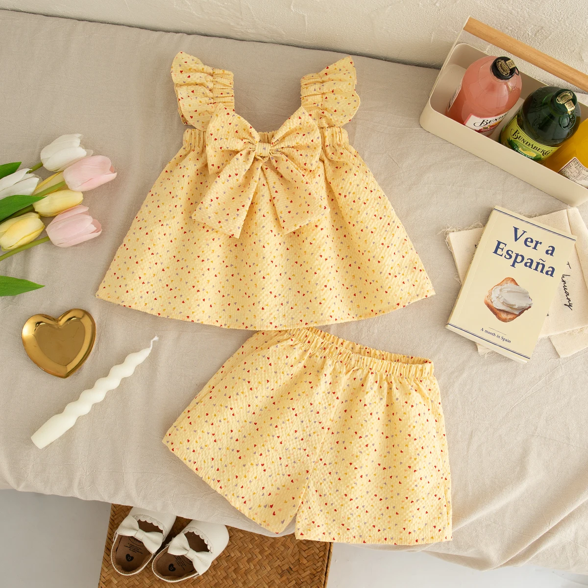 2Pc/Set Baby Girl Set Summer Cotton Solid Color Bow Full Print Sleeveless Top Shorts Girl Sets Cute Casual Beach Baby Girl Cloth