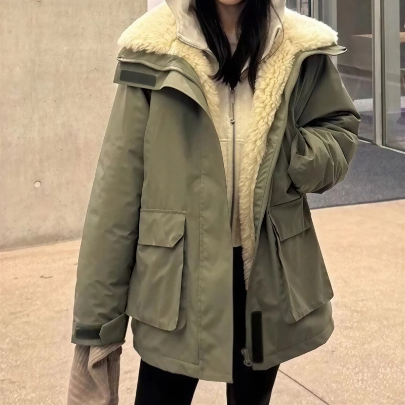 Parkas Womens Longues Autumn Blended Flannel Cropped Asymmetric Fitted Lace-Up Waist-Cinching Tied Pleated O-Neck Slimming Solid