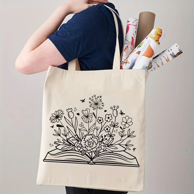 Book And Flower Pattern Canvas Luggage Bag, Book Lover Gift Bag, Fashion Luggage Bag