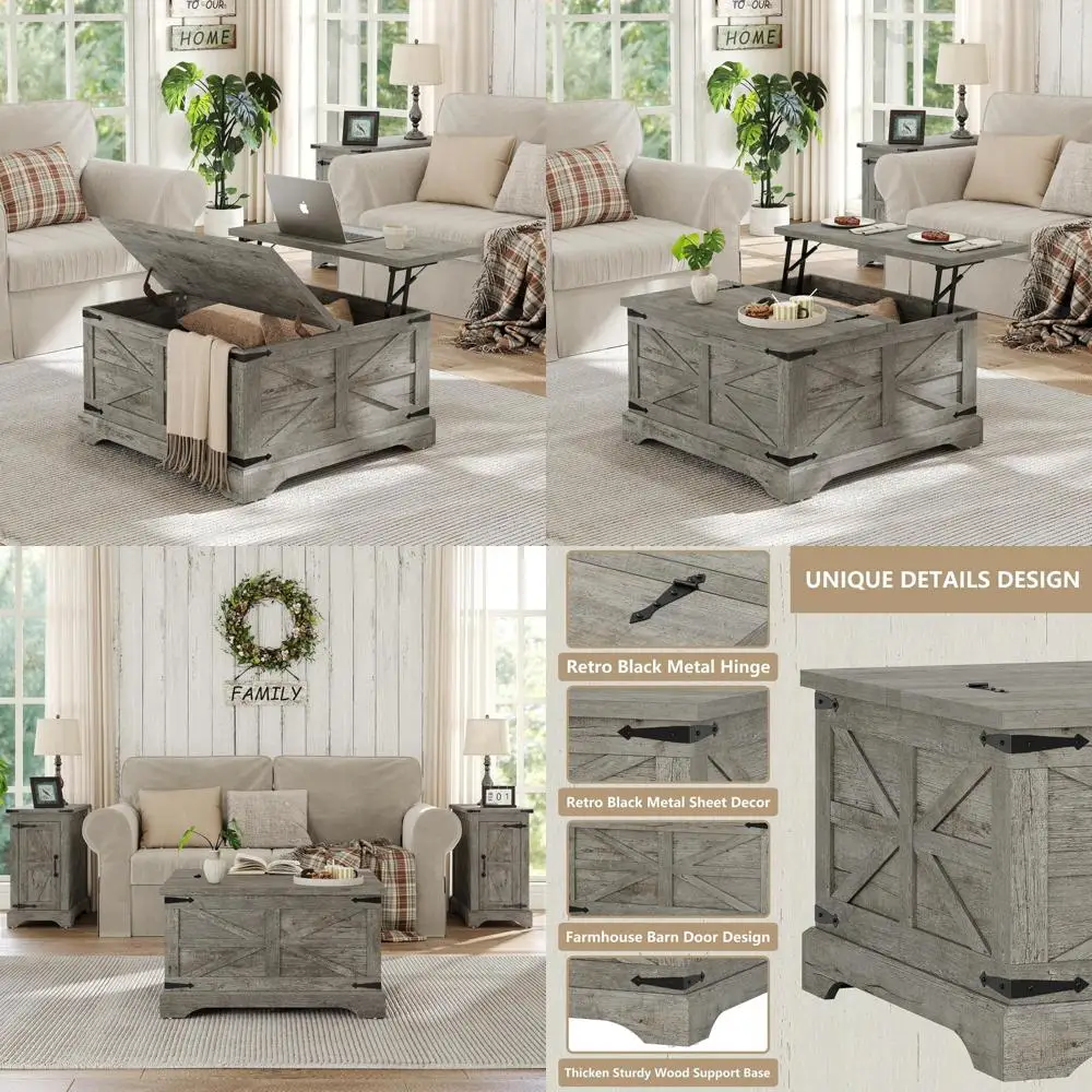 Lift Top Coffee Table with Hidden Storage for Living Room, Square Wooden Center Table, Rustic Style