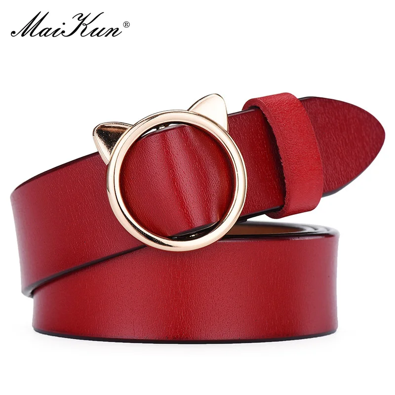 Maikun-Cinturón de cuero genuino con hebilla en forma de gato para mujer, cinturón informal de moda con hebilla de Pin con personalidad