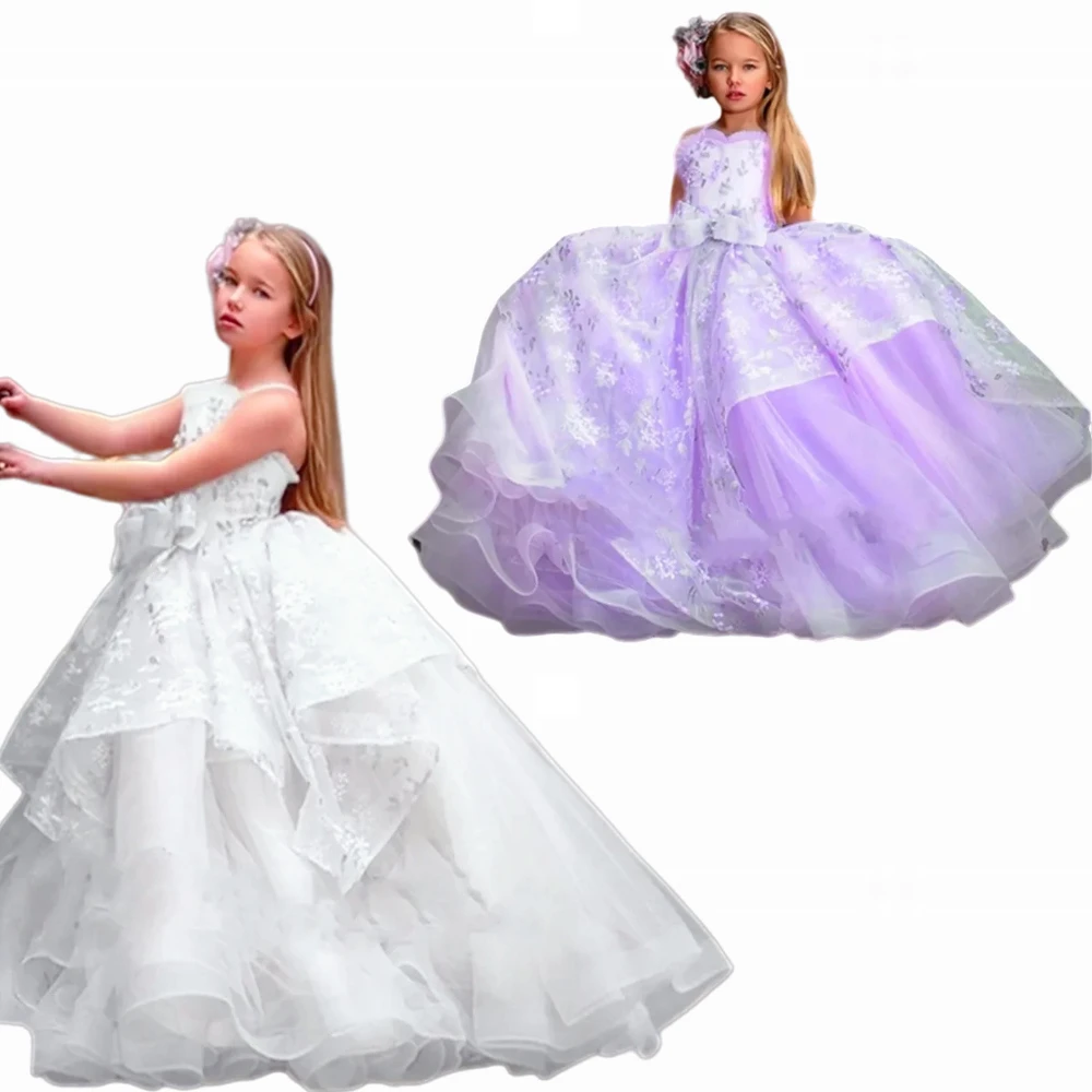 Sem mangas fofo tule renda impressão em camadas vestido da menina de flor princesa bola primeira comunhão vestidos surpresa presente aniversário