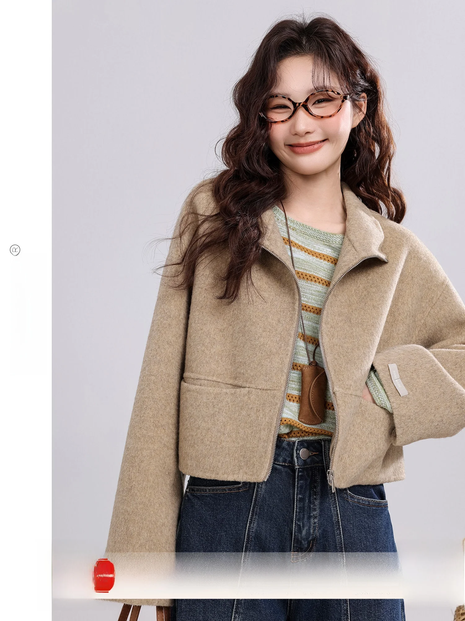 

Double-Faced Woolen Korean Sle Stand Collar Coat for Women ort Length Straight Tube ape Long Sve Zipper Closure Wint...