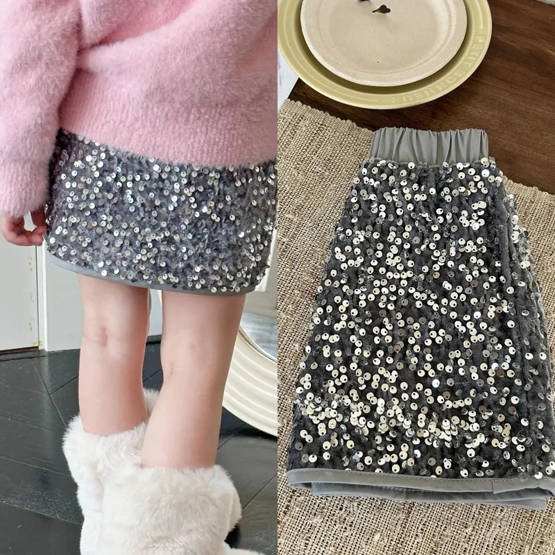 Winter Girls Fashion Sequin Half Skirt Autumn Children's Skirt Baby Kids Feeling Slim A-line Princess Skirt Versatile Half Skirt