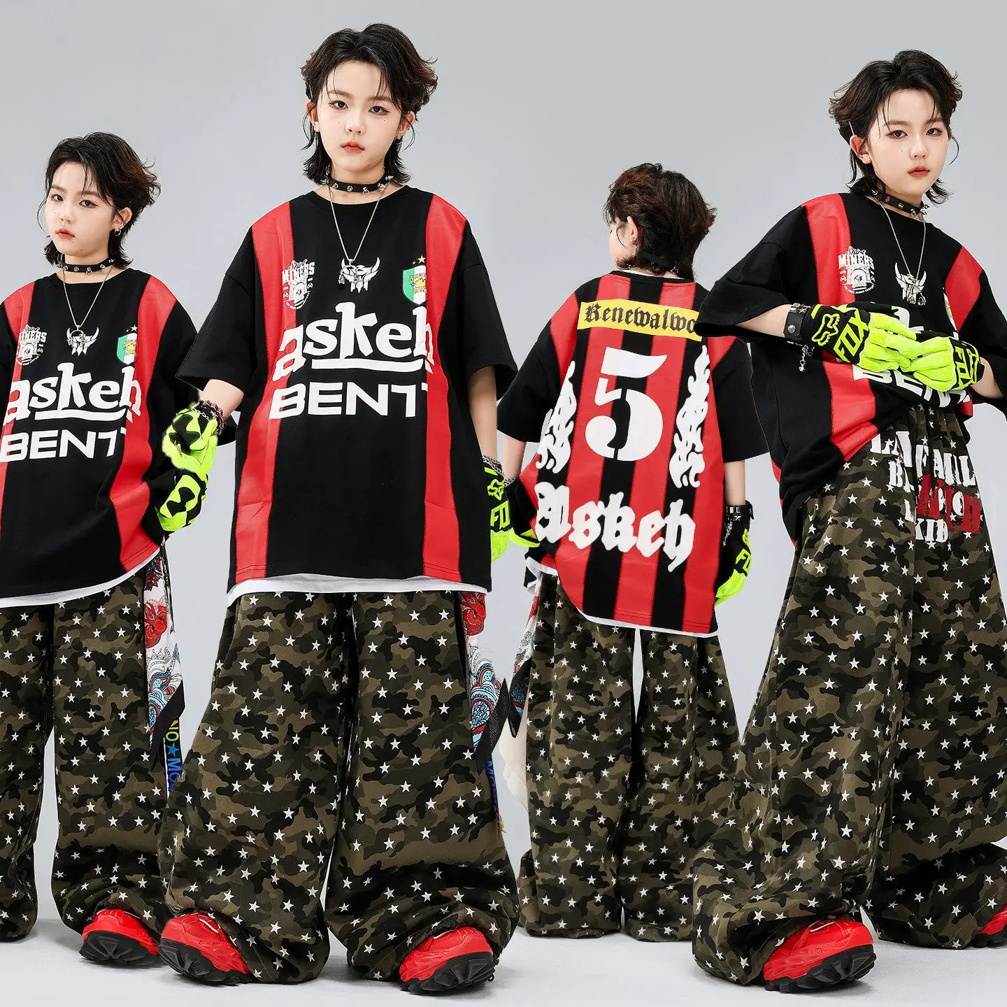 

Kid Kpop Hip Hop Clothing Black Red Striped T Shirt Camo Stars Print Wide Leg Pants for Girls Boys Street Dance Costumes Clothes