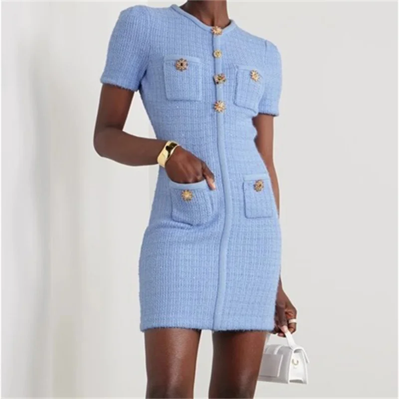 elegant party dresses woman 2024 Autumn New Elastic Knitted Slim Mini dress Multi pocket decoration Short dresses Midi dresses