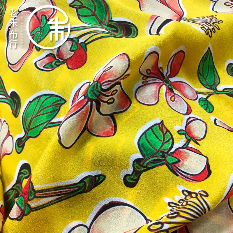 Yellow Background Peach Blossom Pattern Plant Flower Silk Silk Fabric Fabric Crepe De Chine Drape Wide Thin Summer Customization