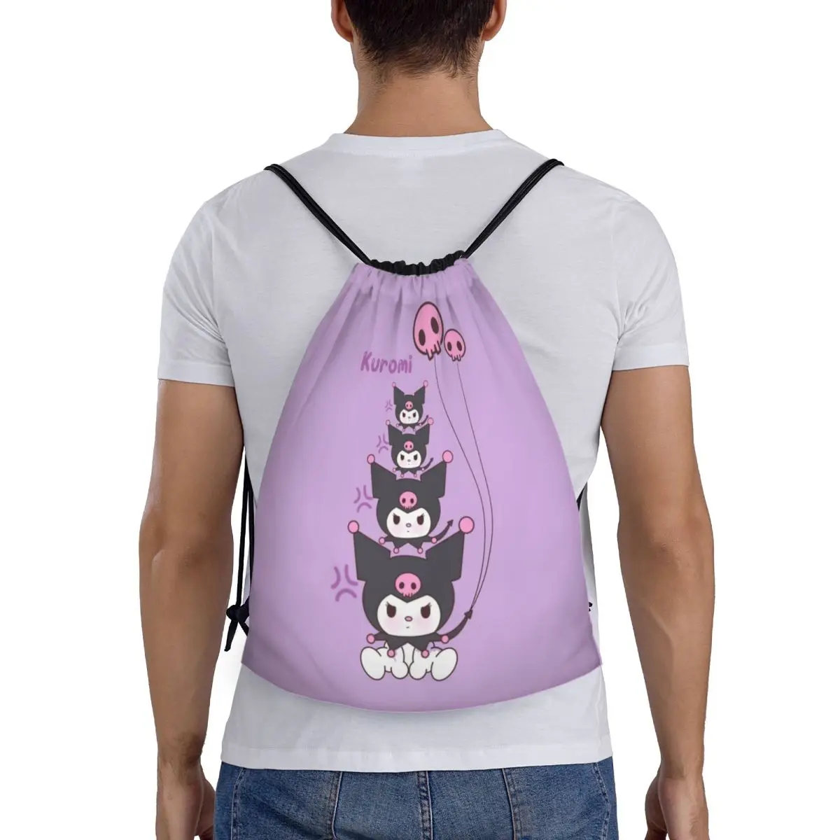 Kustom Kuromi Manga Anime tas tali Wanita Pria lipat olahraga Gym sabkpack belanja penyimpanan ransel