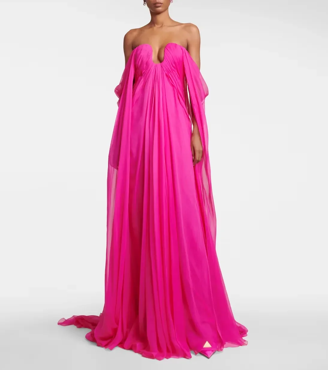 

Customized Sexy Long Hot Pink Sleeveless Pleated Evening Dresses with Cape A-Line Chiffon Sweep Train Prom Dress Party Dresses f