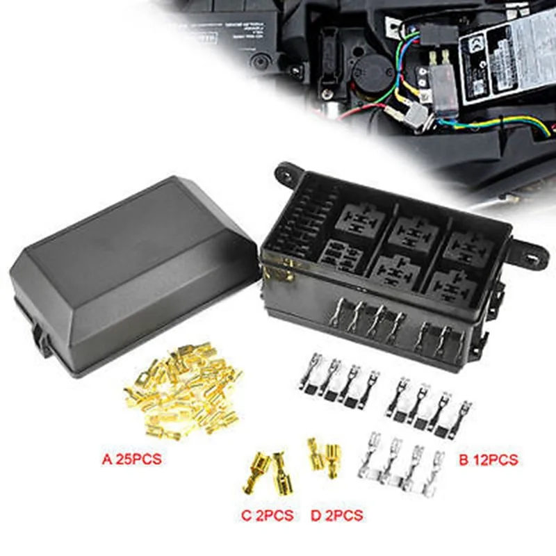 1 Set Car 12-Slot Relay Box 6 Relays 6 ATC/ATO Fuses Holder Block+Metallic Pins Truck SUV Electric Circuit Fuse Protection Boxes