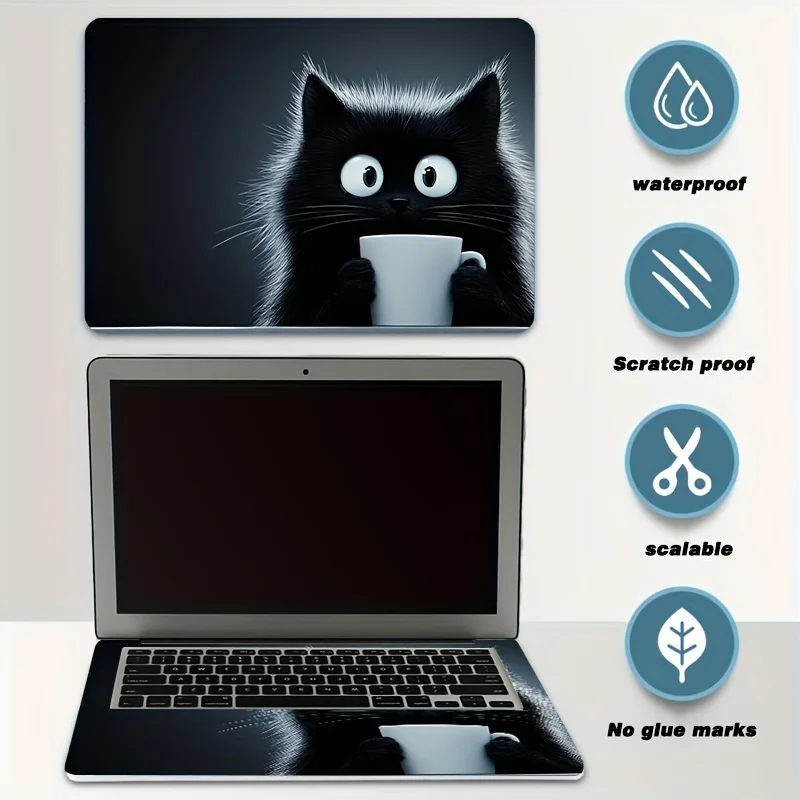 

2 шт., наклейка для ноутбука с изображением кота, напитка, кофе, кожа, чехол для ноутбука с изображением пуха, подходит для ноутбуков от 12 до 15 дюймов, устойчивая к царапинам