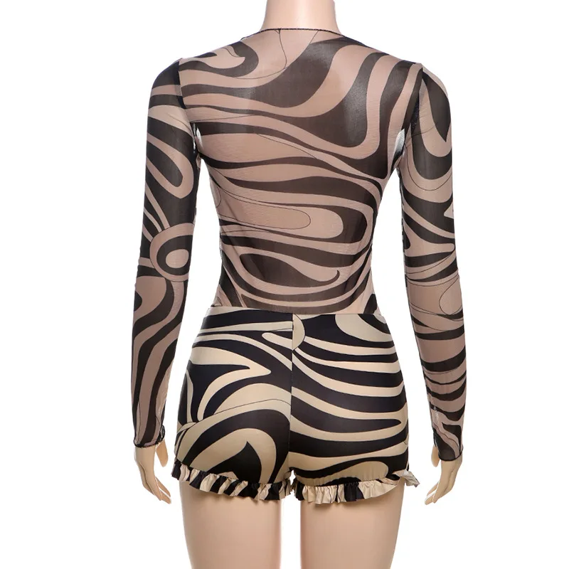 Striped Print Women Sexy 2 Piece Set See Through Mesh Long Sleeve Tops + Ruffles Shorts Holiday Outfits Clubwear Suit Streetwear