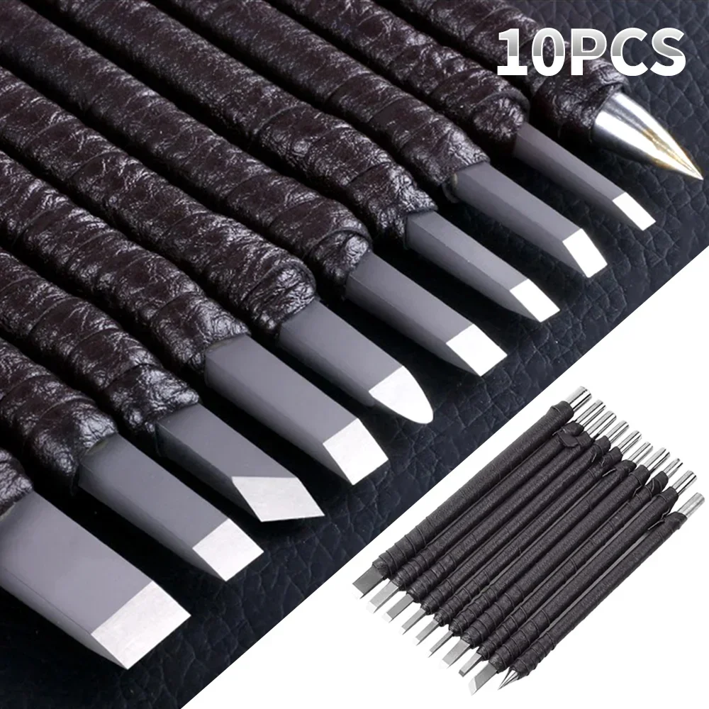 

Professional 10Pcs Tungsten Steel Stone Carving Kit Hand Tools Set Chisel Woodworking Engraving Cutting Blade for Stone Seal