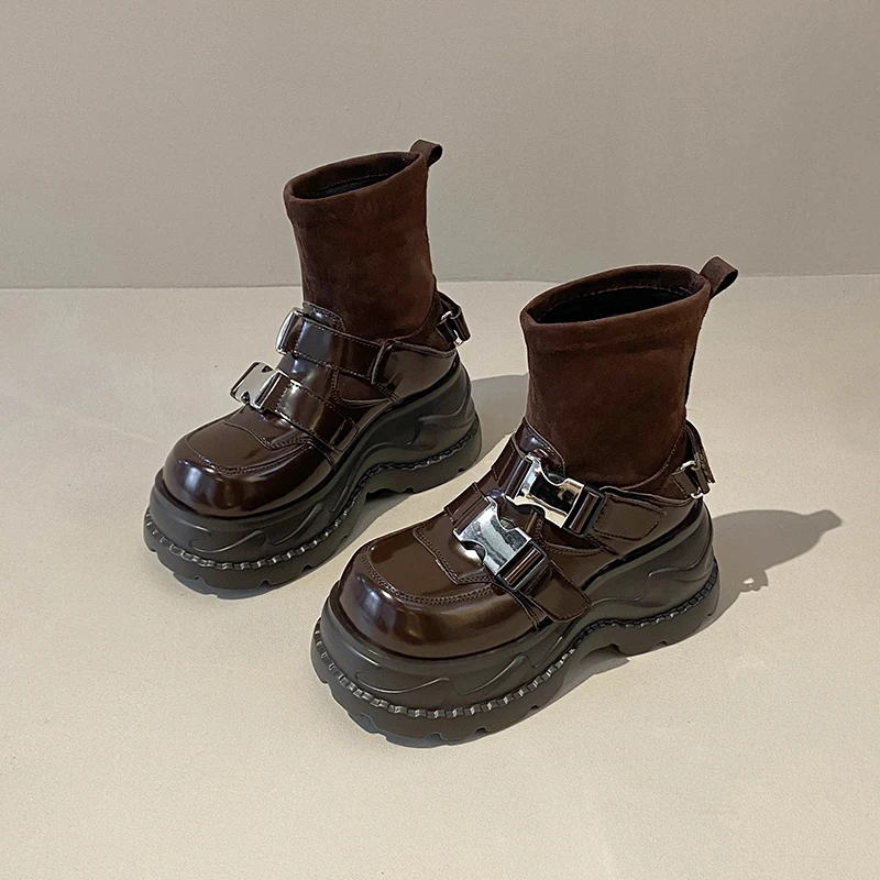 

9CM High Women's Sock Boots Ashion Designer Belt Buckle Leather Ankle Boots for Women High Top Platform Womens Shoes Botas Mujer