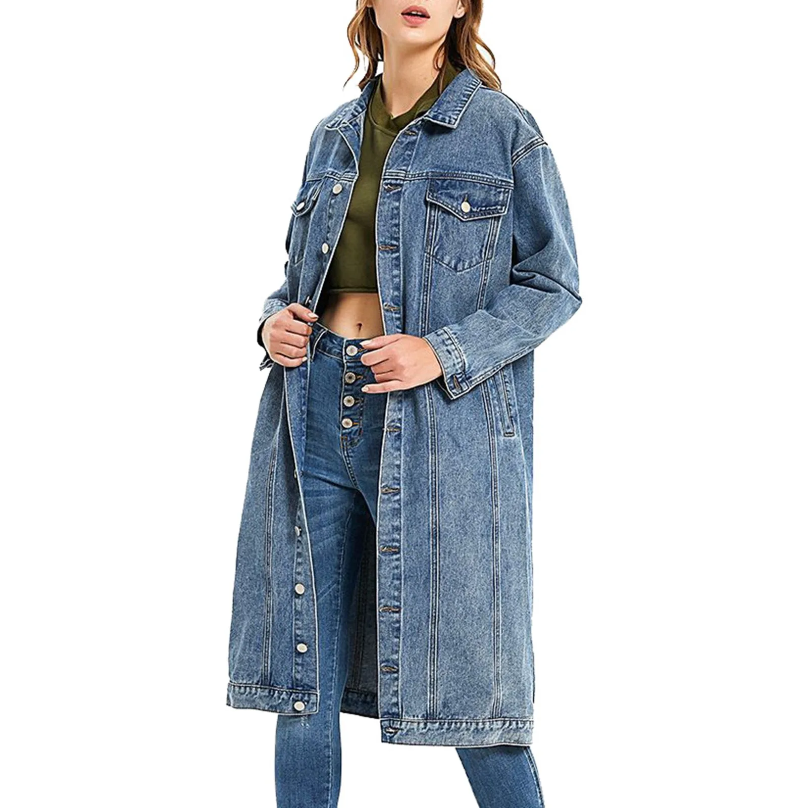 Long Denim Trench Coat Women's Fashion Classic Mid-length Jeans Jacket 2025 Spring New Single-breasted Handsome Streetwear