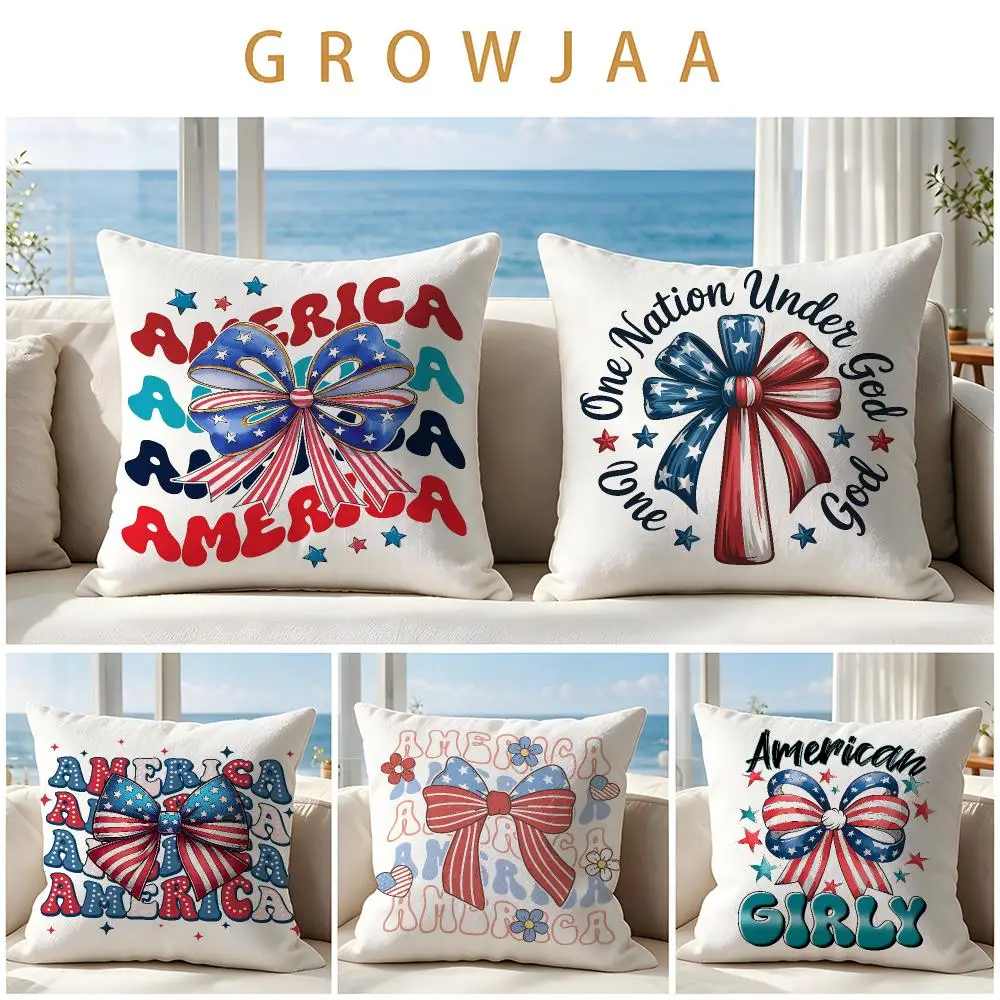 Independence Day Bow Cushion Cover Throw Pillow Short Plush Fresh Natural Cushion for Living Room Sofa Ornament Present Gift