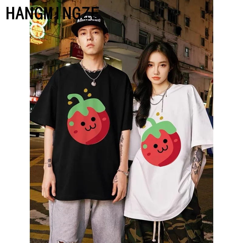 Summer New Streetwear Vegetable Tomatoes Printed T-shirt Short Y2k Harajuku Punk High Street Loose Chic Couple Casual T-shirt