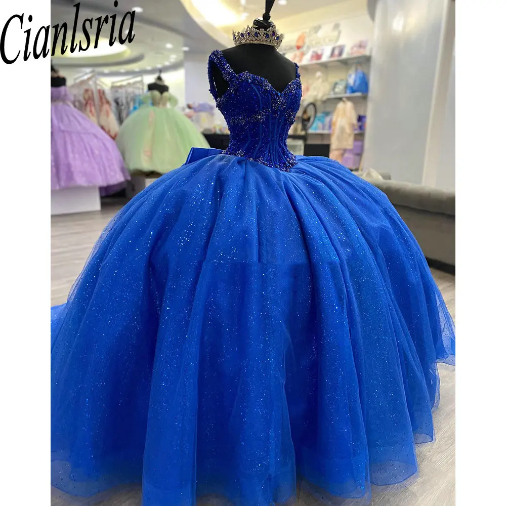 Vestido De quinceañera azul real con lentejuelas brillantes, vestido De baile con cuentas De cristal, correa De espagueti, corsé con lazo, 15 Años