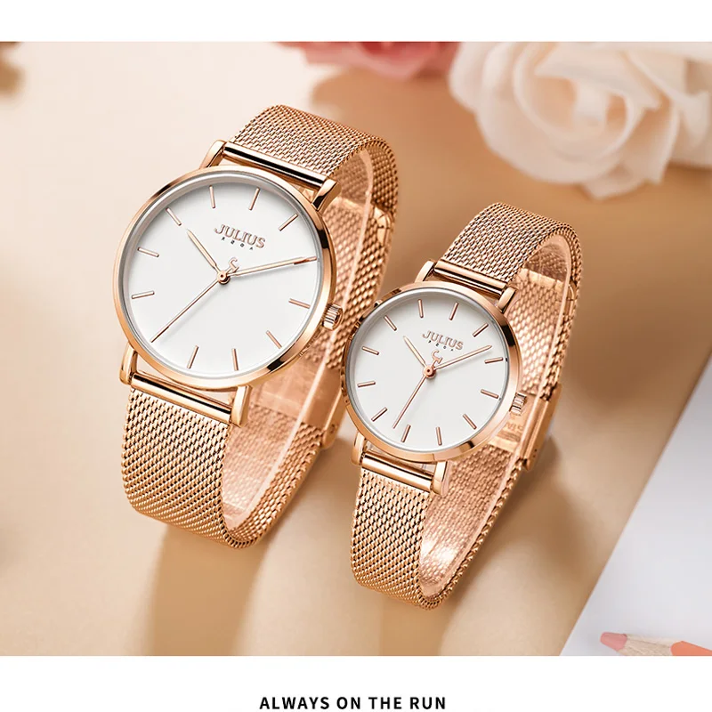 جديد رقيقة يوليوس ساعة رجالية ساعة نسائية زوجين عشاق ساعة موضة ساعات الفولاذ المقاوم للصدأ بسيط صبي فتاة هدية عيد ميلاد صندوق