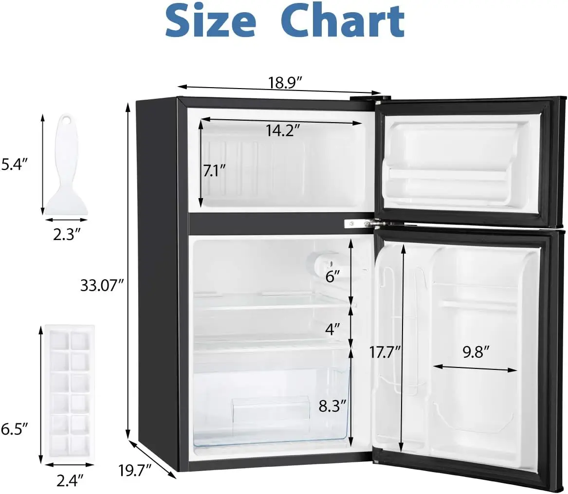 Mini Geladeira com Congelador para Apartamento e Escritório, Dormitório Geladeira, 2 Portas, Refrigeração e Bebida, Mini Geladeira, 3,2 Cu. ft