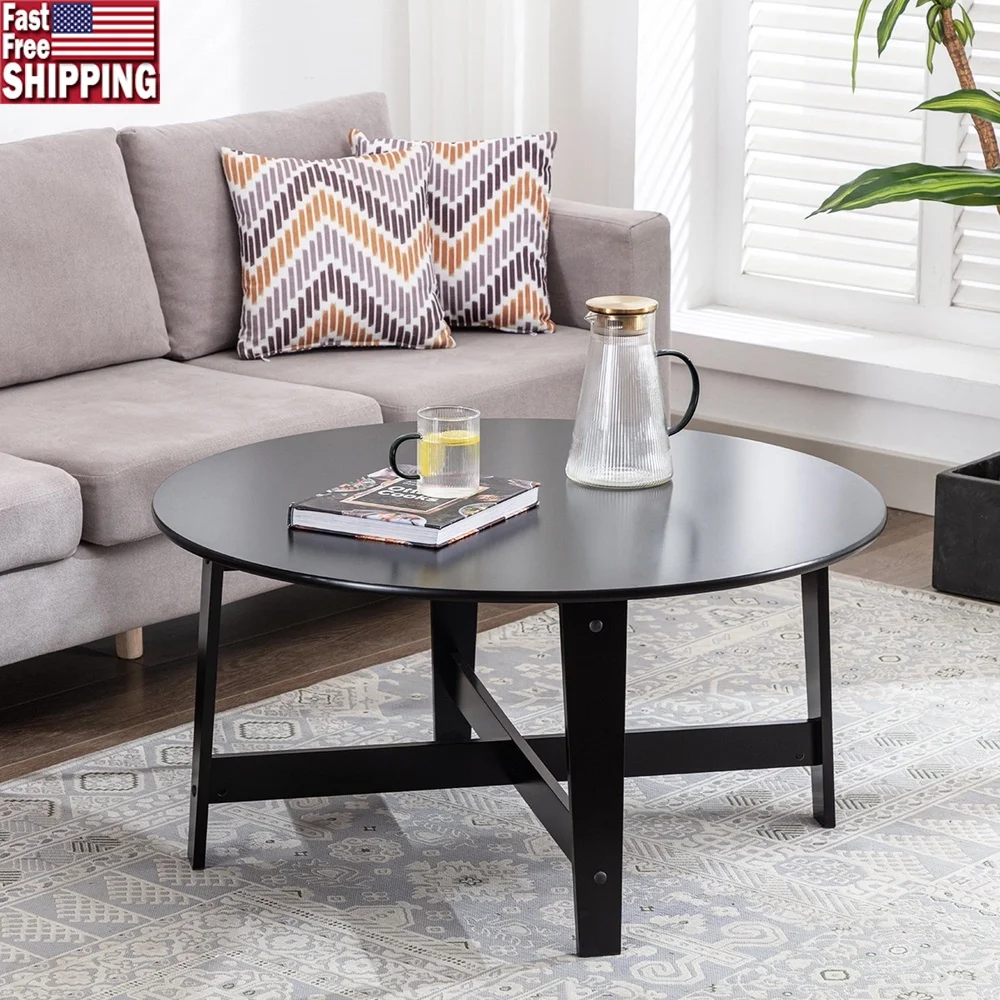 

Круглый деревянный журнальный столик для дома, глянцевый черный, легко чистится, прочная сборка, современный дизайн, 35,98 дюйма, круглая форма, мебель для гостиной