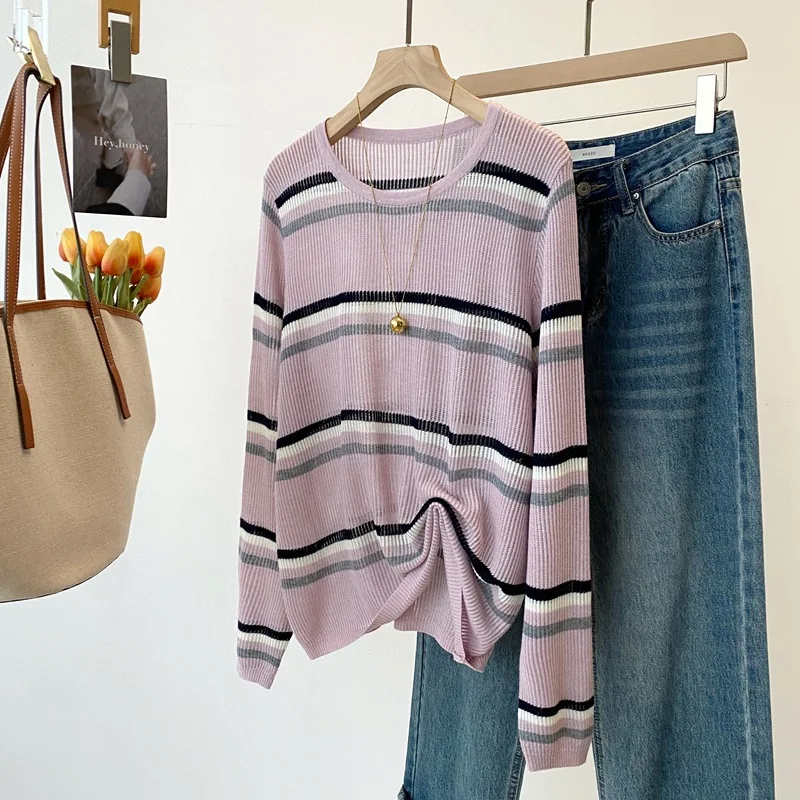 

Dave&di Early Spring New Striped Knitted Sweater Women's Wool Blend Skin Friendly Soft Hollow Long Sleeved Top