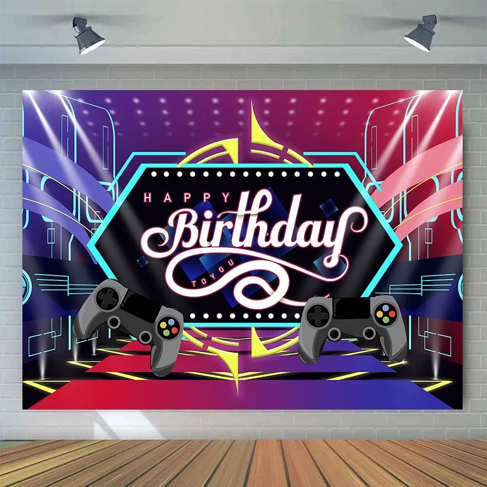 Video Game Happy Birthday Backdrop Neon Gameing Stage Photography Background Flashing Light Boys Teens Party Decoration