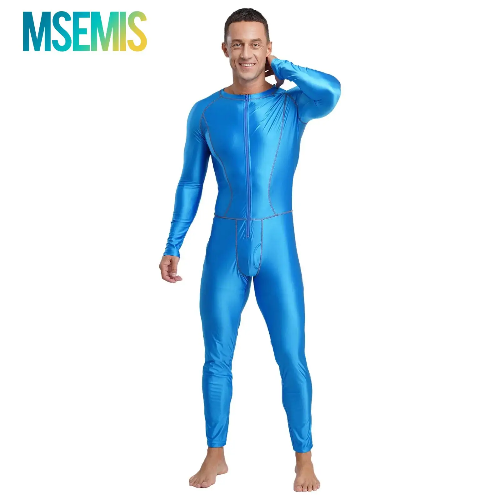 Męskie stroje kąpielowe, błyszczący, dopasowany kombinezon jednoczęściowy, strój do pływania, szwy z przodu, zamek błyskawiczny, długi rękaw, długie spodnie, kompresyjne kombinezony.
