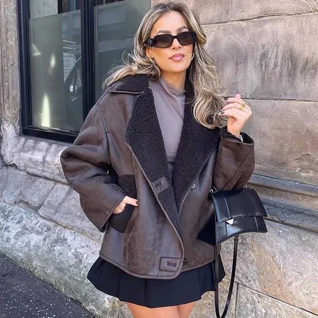 

Fleeced Faux Leather Jacket Coat Women Fashion Streetwear Vintage Cold Faux Wool Blends Coats Female Autumn Winter Plush Jackets