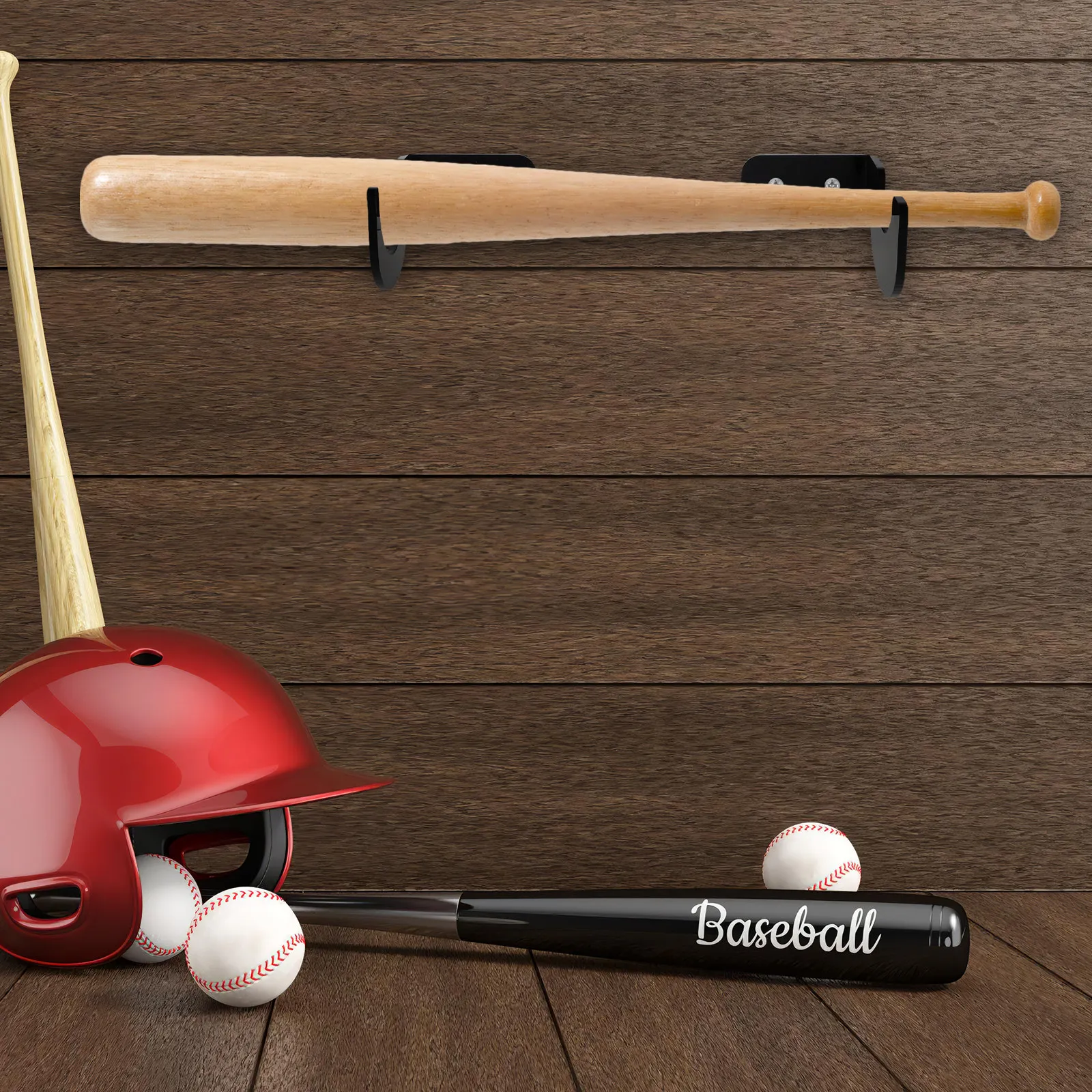 2 Pairs Multifunctional Bat Rack Wall Mount for Baseball Bats, Golf Clubs, and Sports Equipment Storage Organizer