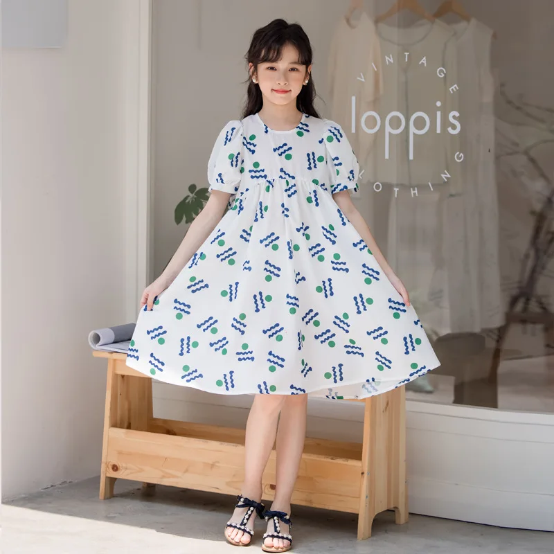 

Girls' Printed Dress 2025 Summer Children's Clothing Wholesale Bubble Sleeve Big Skirt Thin Children's Floral Skirt.