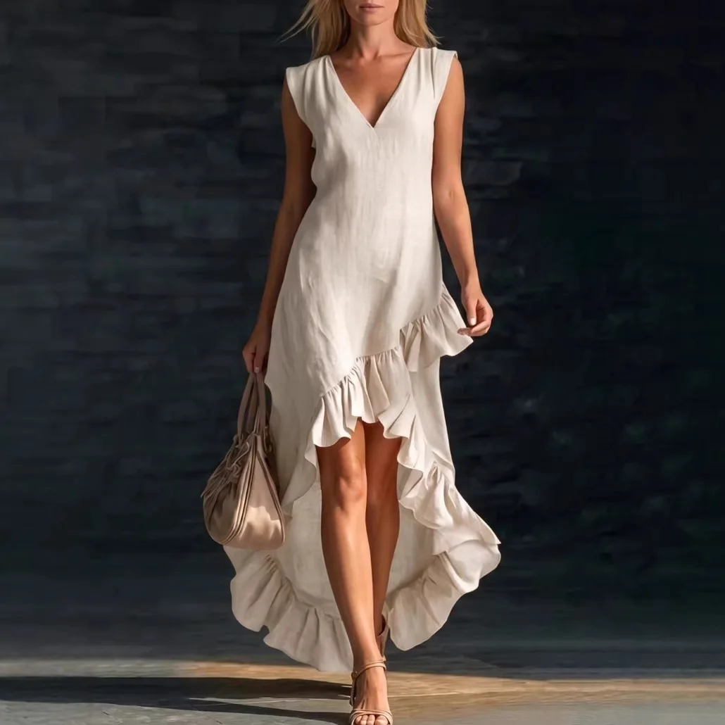 Romantic Long Sleeveless V-Neck Cotton Linen Dress with Lace Hemline Spring Summer Casual Fashion Elegant Women's Gown