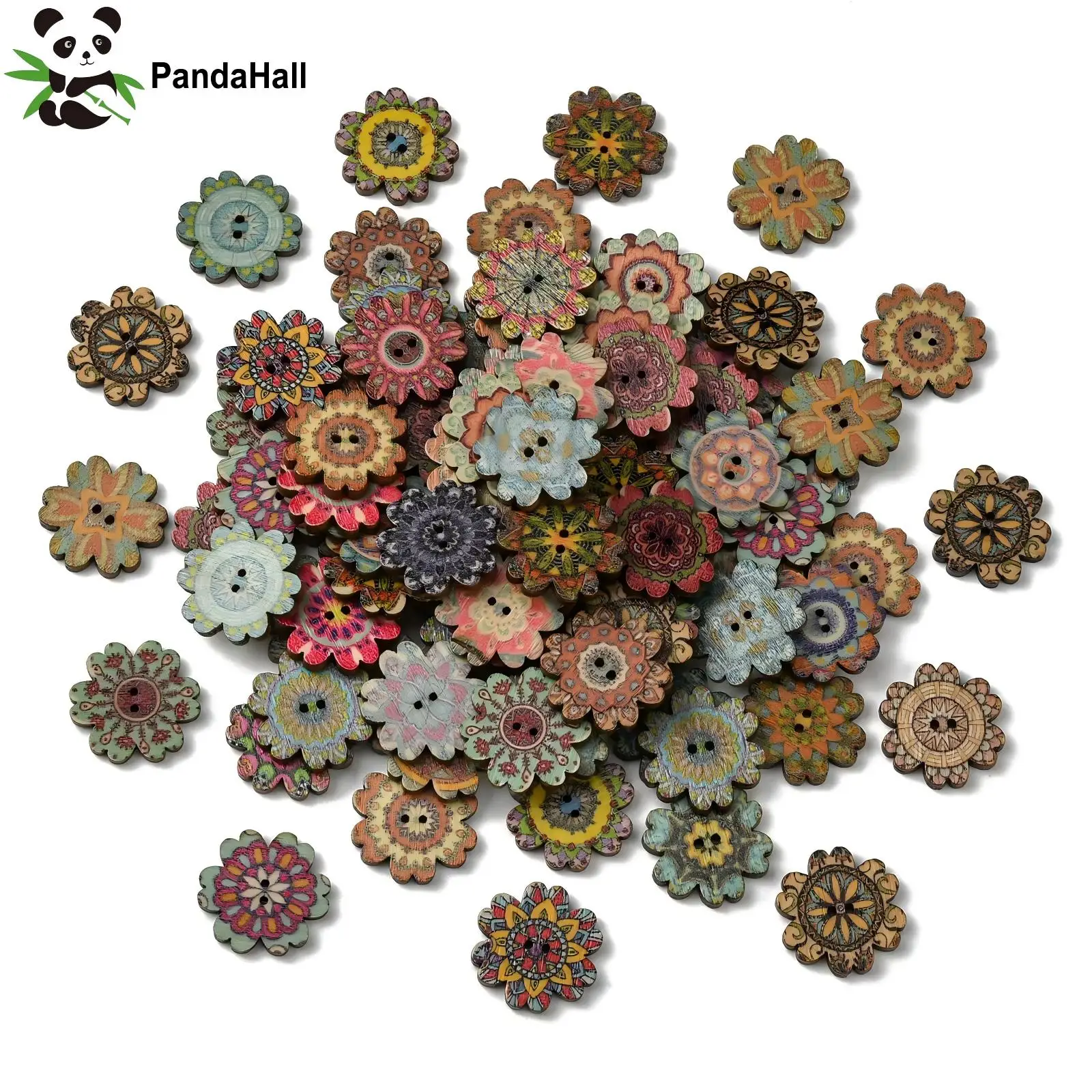 Pandahall 200Pcs Random 20mm Wooden Buttons Vintage Flower Floral Buttons Decorative Buttons with 2 Holes for DIY Sewing Crafts