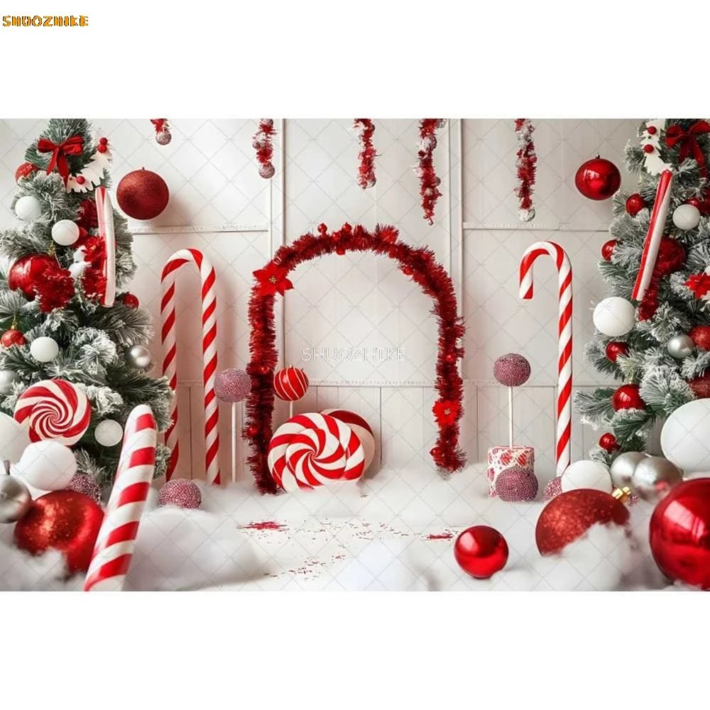 Christmas Candy Cane Background Photography Red Xmas Tree Decor Balls Snowy Wonderland Backdrop Winter Kid Birthday Photo Studio