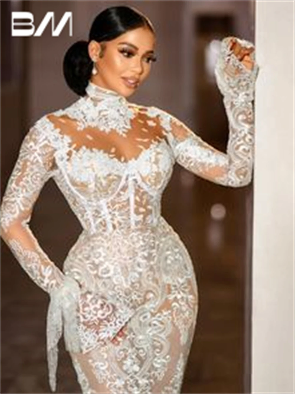 High Neck Mermaid Wedding Dress With High Neck Long Sleeves Illusion Bride Dresses Corset With Detachable Train Bridal Gown