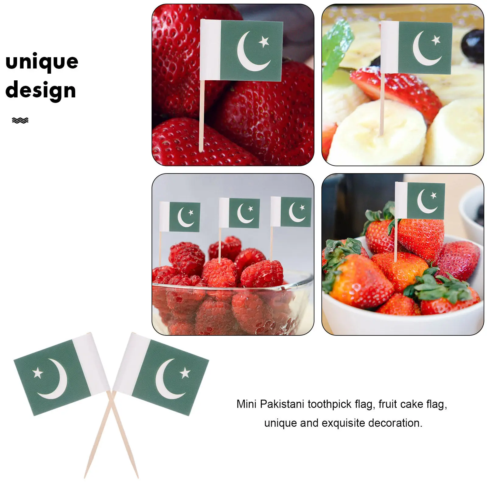 100Pcs Pakistan Flag Dessert Picks Mini National Flag Toothpicks for Fruit Skewers Sushi Plating Cocktail Toppers Party