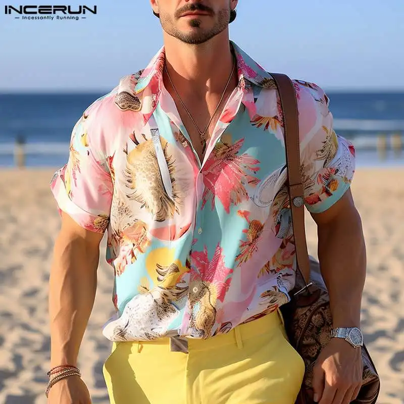 

INCERUN Tops 2024 Fashionable New Men's Ocean Funny Printing Shirts Casual Comfortable Hot Sale Short Sleeved Lapel Blouse S-5XL