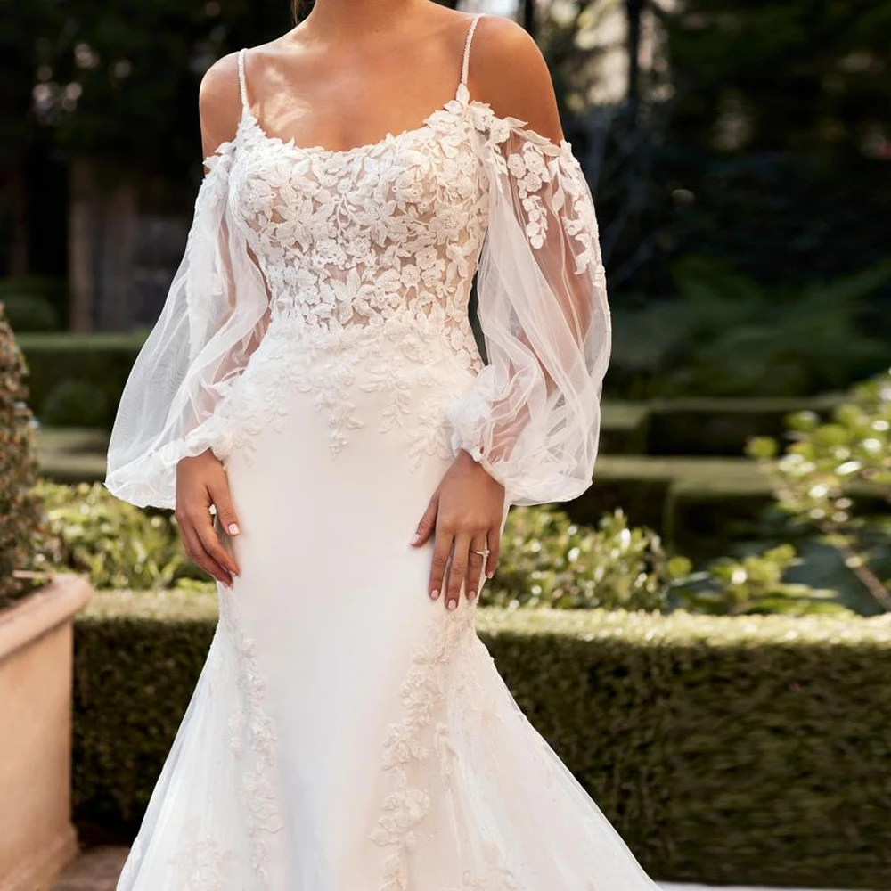 

Customized A Line Mermaid Wedding Dresses Puff Sleeves Spaghetti Strap Bridal Grown Applique Lace Open back Vestido de novia