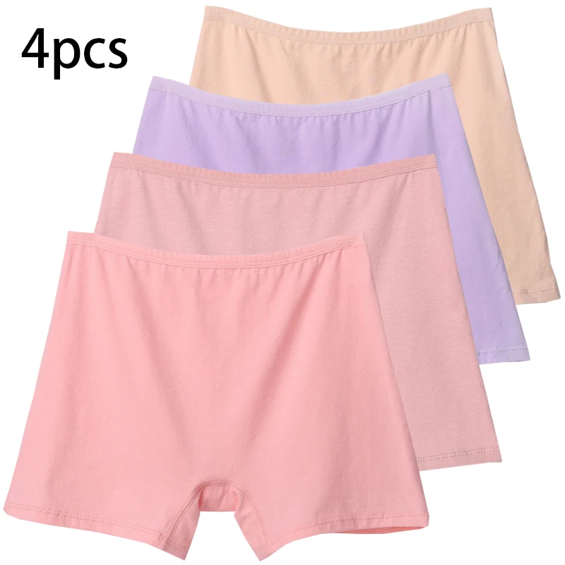 4pcs Cotton Women Panties Lady Plus Size Boxer Underwear High Waist Briefs Solid Color Female Lingerie Shorts Safety Panty