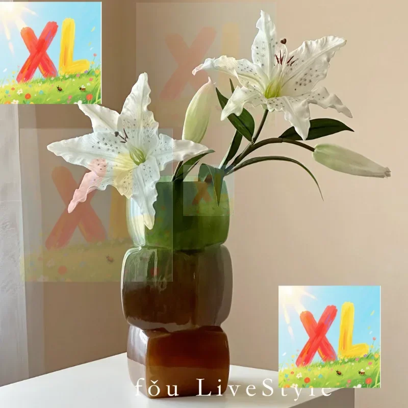 

Square mouth vase new Chinese-style glazed water-raised flowers geometric green glass flower ornament