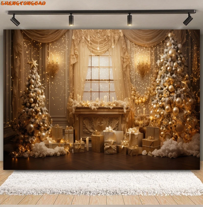 Toile de fond de photographie de fenêtre de Noël, décor de fond de famille adulte, accessoire de studio photo, arbre de Noël, cheminée, père Noël, fête de bébé