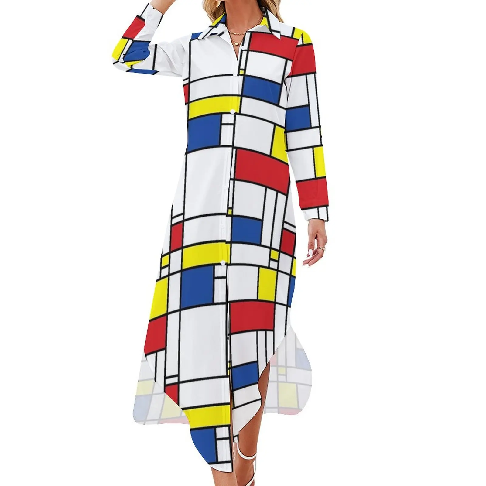 Mondrian Print Casual Dress De Stijl Modern Art Streetwear Dresses Long Sleeve Elegant Woman V Neck Design Chiffon Dress