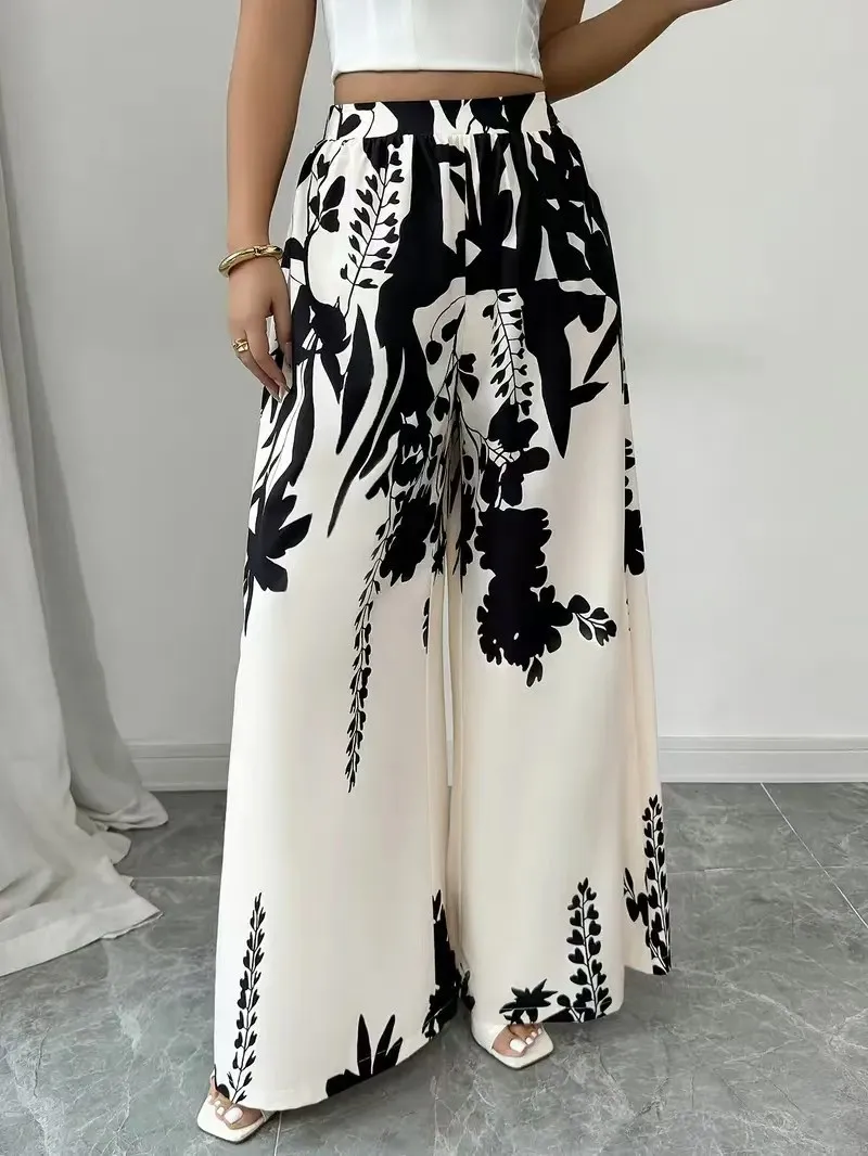 2025 women's fashion printed lace up waist slimming casual pants for women