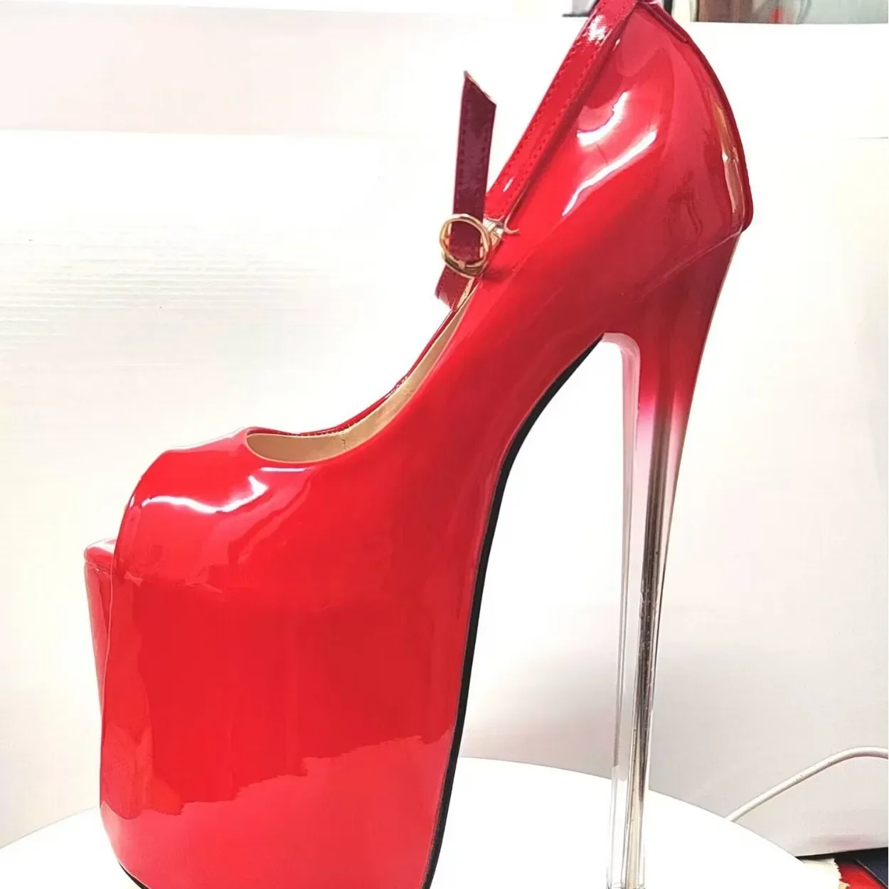 

2025 Ultra-high skinny heels 22cm patent skin fish mouth 19cm single shoe runway sexy big size women's shoes sky high 34-43yards