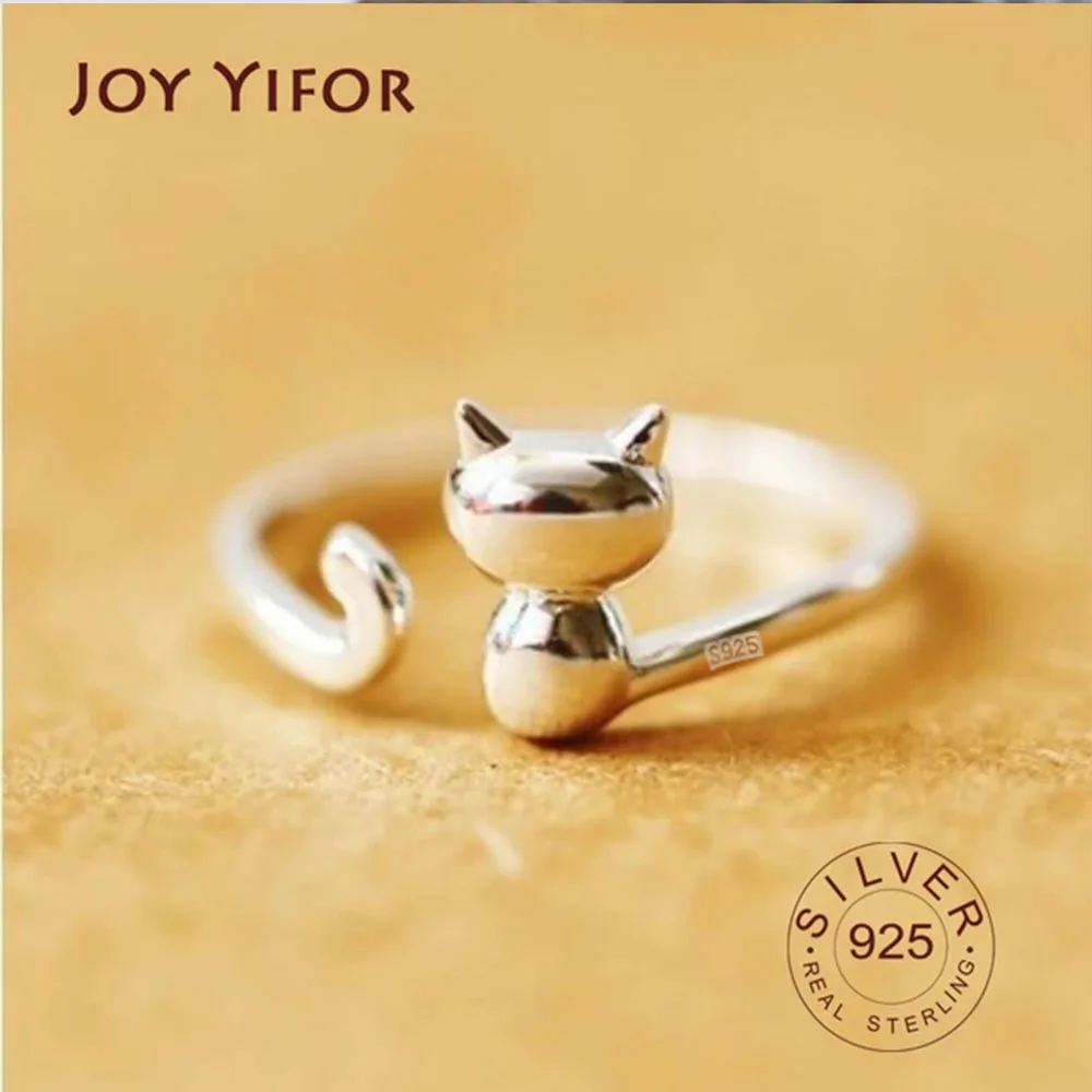 Anillos de plata esterlina S925 para mujer, sortija ajustable abierta con forma de gato, joyería fina, accesorios de joyería antialérgicos